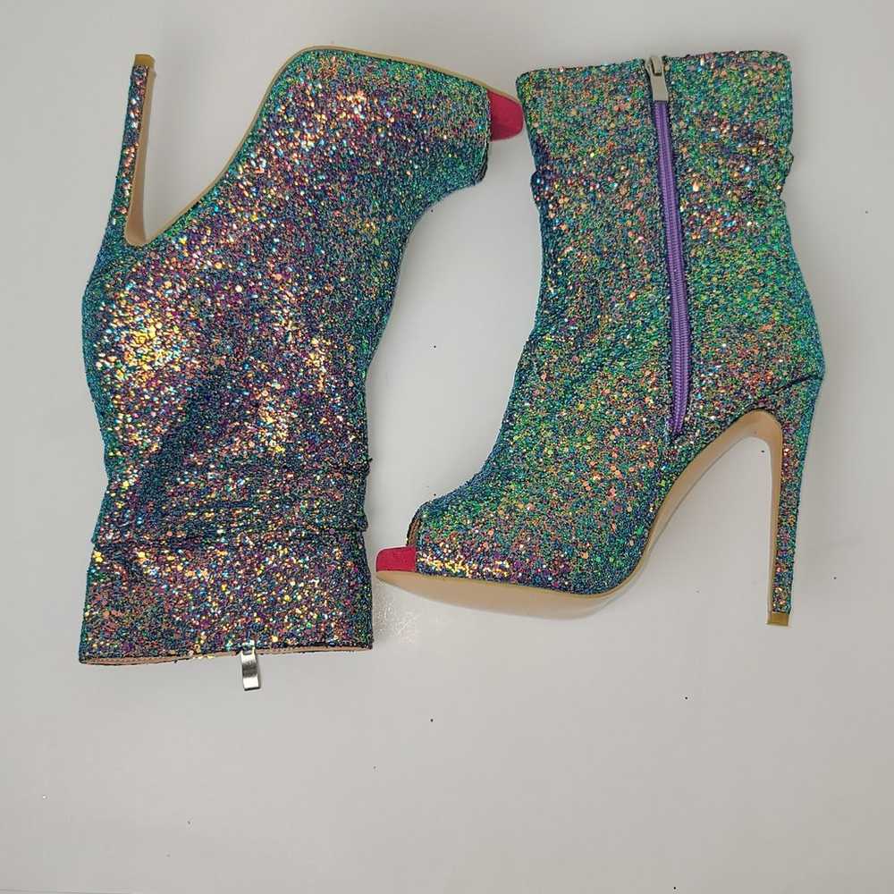 NWOT Glitter MID Calf Peep Toe Heel Boots - image 1