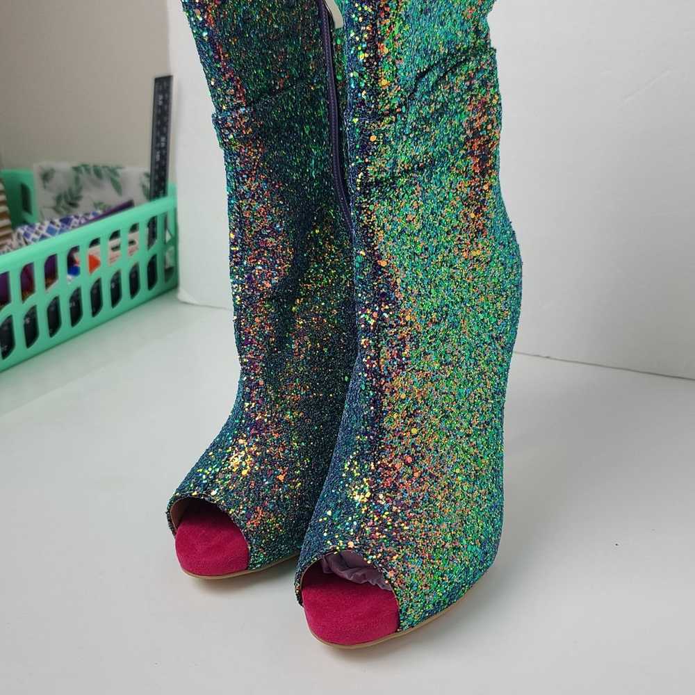 NWOT Glitter MID Calf Peep Toe Heel Boots - image 4
