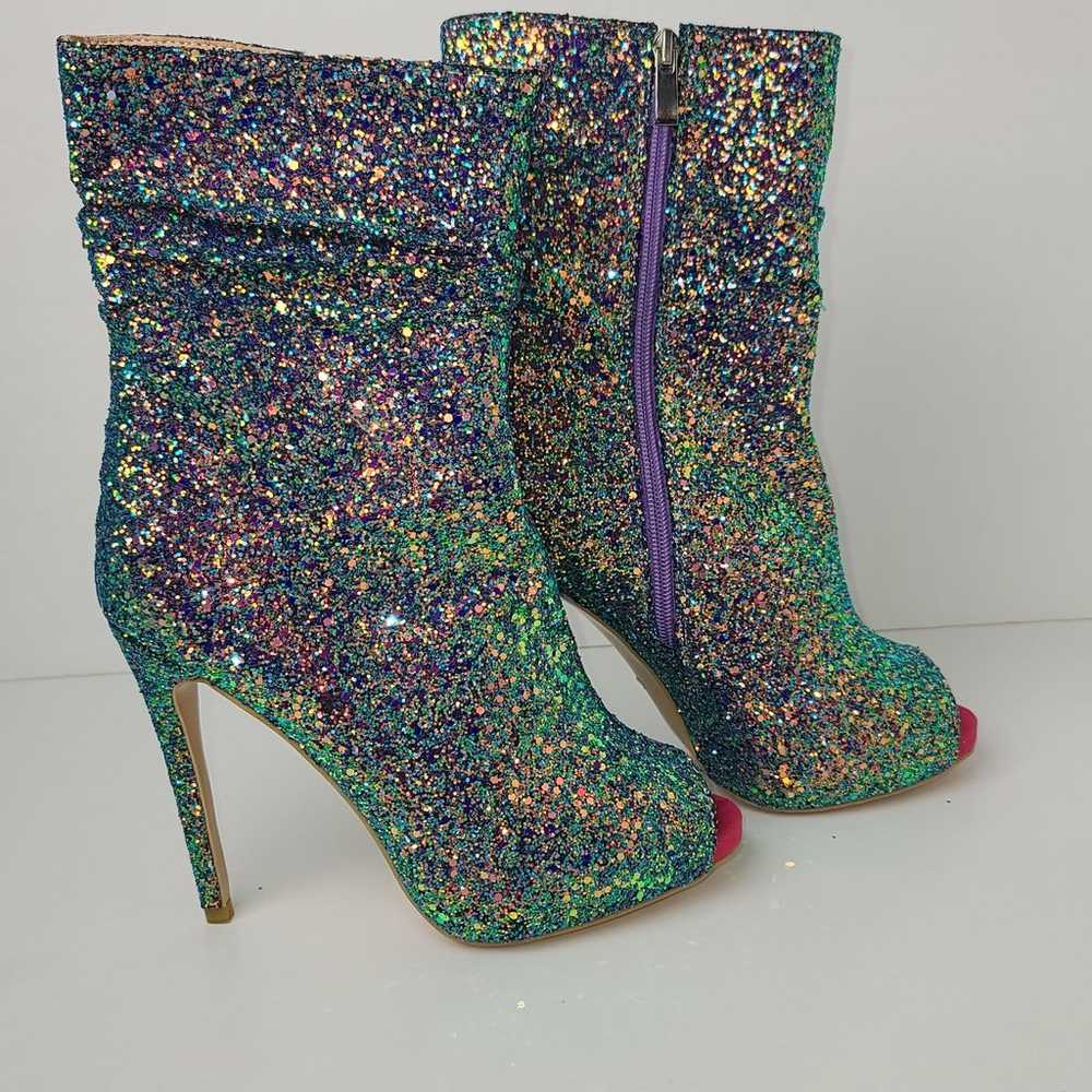 NWOT Glitter MID Calf Peep Toe Heel Boots - image 6