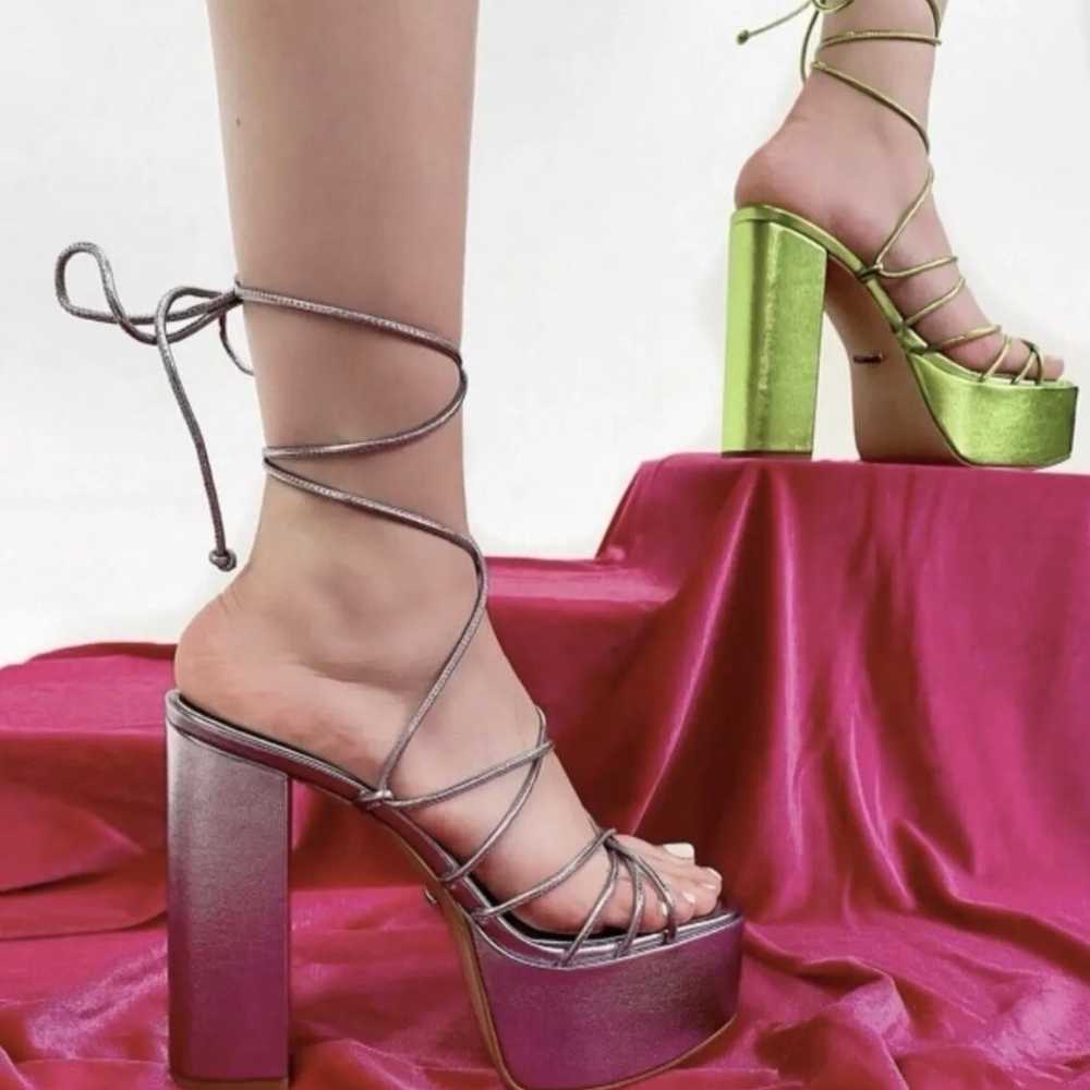 Metallic Green Ankle Wrap Leather Strappy Platfor… - image 3