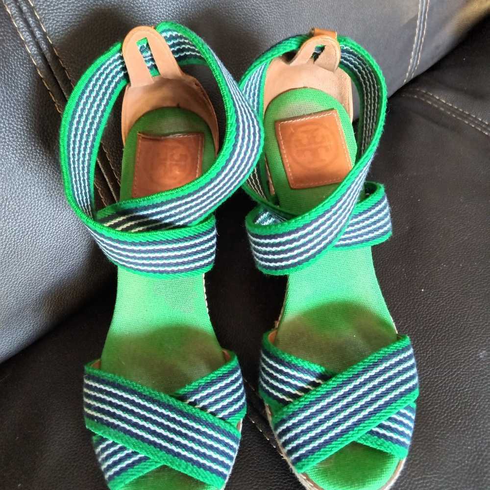 Tory Burch Espadrille high Heels green and blue c… - image 3