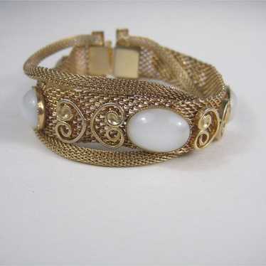 Vintage Goldtone Mesh Bracelet 3 Strand Plastic C… - image 1