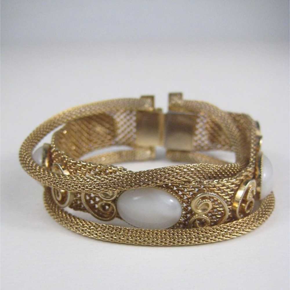 Vintage Goldtone Mesh Bracelet 3 Strand Plastic C… - image 3