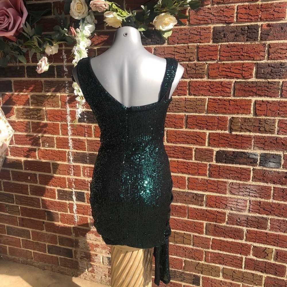 Green sequined mini with 3d floral shoulder and s… - image 8