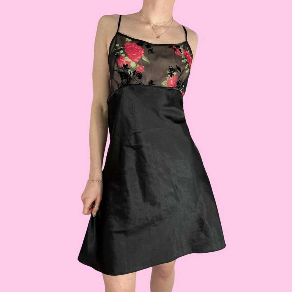 Y2K Black Floral Rose Lingerie Mini Dress - image 1