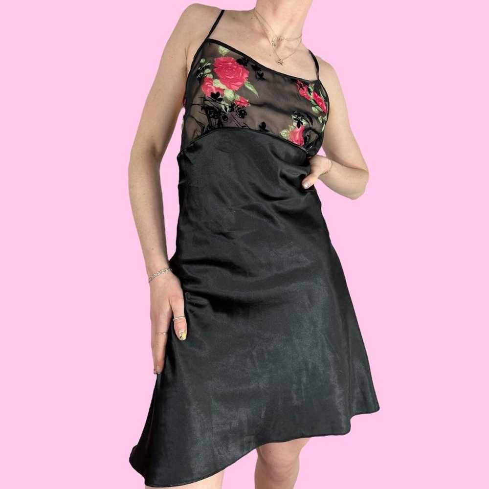 Y2K Black Floral Rose Lingerie Mini Dress - image 3