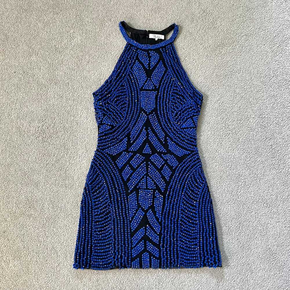 Parker Blue Beaded Bodycon Mini Dress, Size XS - image 1