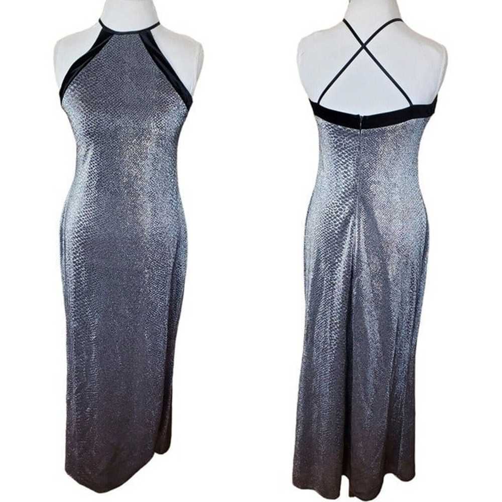 Vintage 90s Silver Metallic Long Halter Dress Vel… - image 1