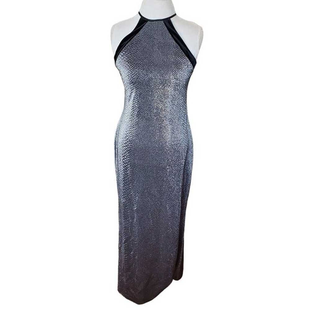 Vintage 90s Silver Metallic Long Halter Dress Vel… - image 2