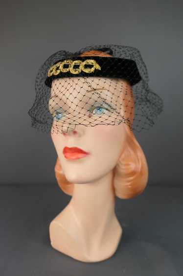 Vintage Black Velvet Ring Hat with Veil & Gold Tri