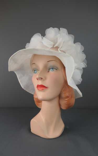 Vintage White Chiffon Petals Hat with Wide Brim, 1