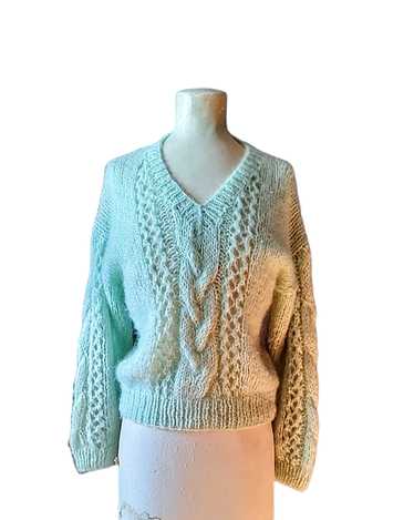 Mint Green 1960s Vintage Hand Knit Vee Neck Cable 