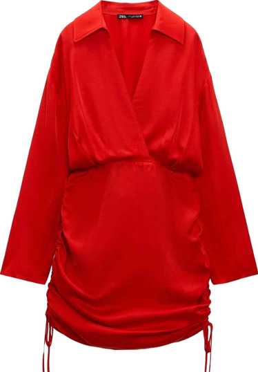 ZARA Red Satin Long Sleeve Ruched Mini Dress BNWT 