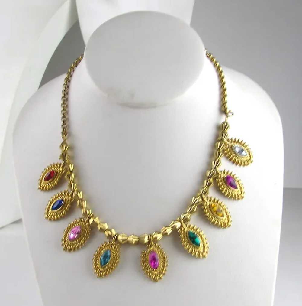 Moghul Style Gold Tone Necklace With 9 Faux Gemst… - image 10