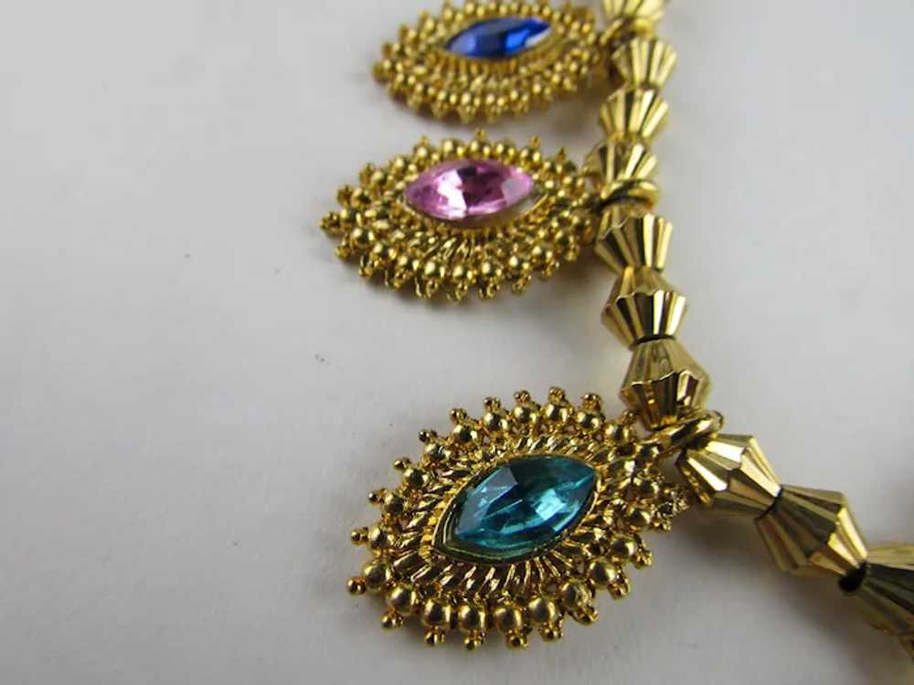 Moghul Style Gold Tone Necklace With 9 Faux Gemst… - image 12