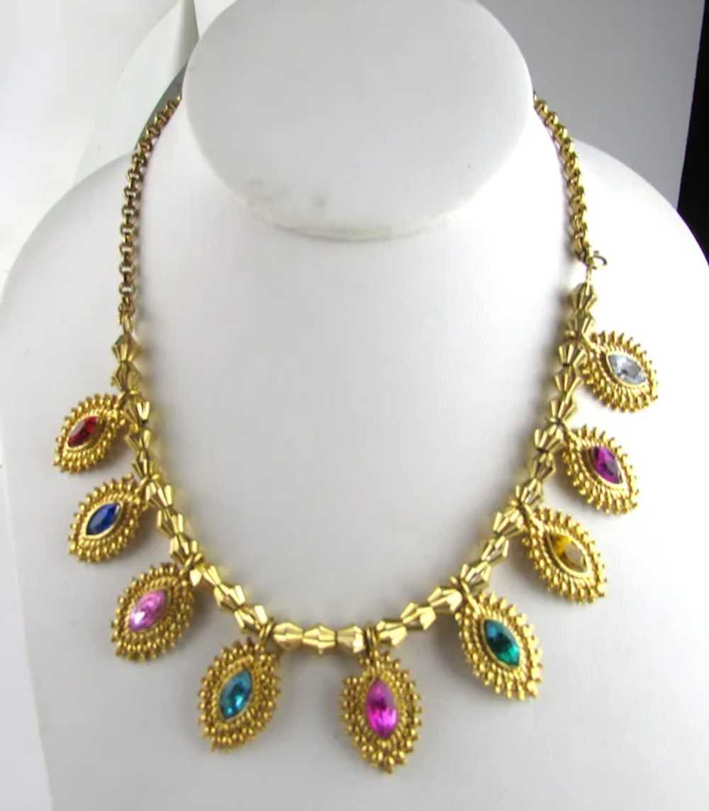 Moghul Style Gold Tone Necklace With 9 Faux Gemst… - image 2