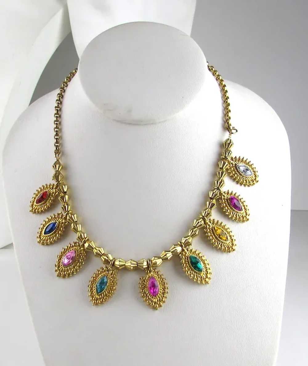 Moghul Style Gold Tone Necklace With 9 Faux Gemst… - image 5