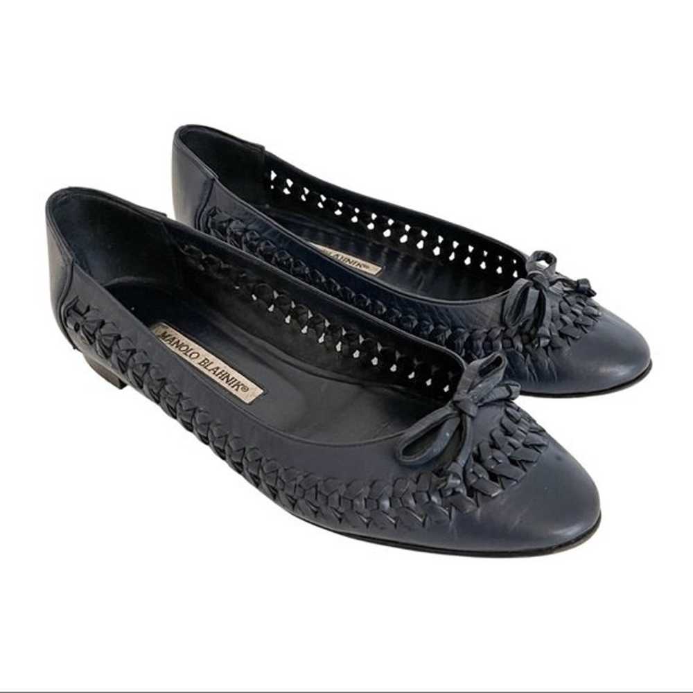 Manolo Blahnik Woven Leather Navy Ballet Flats 37 - image 1