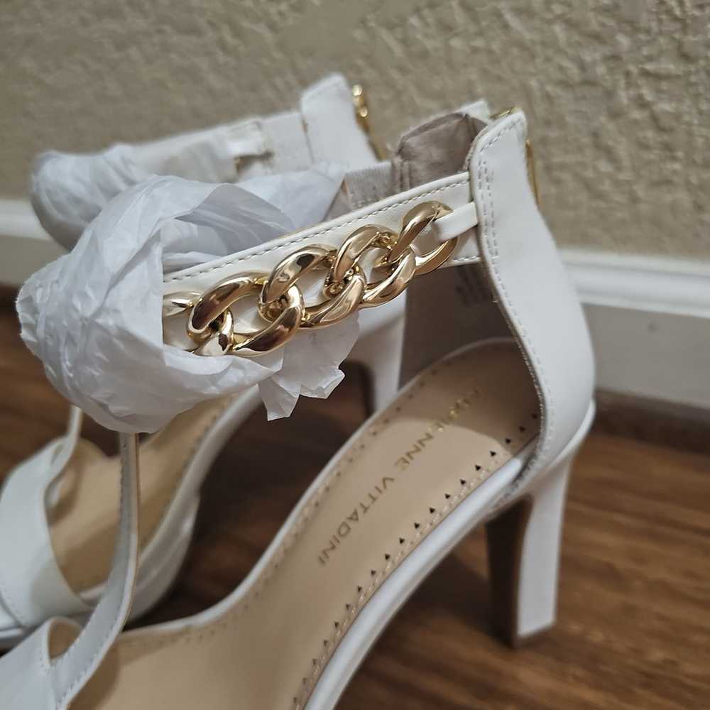 Adrienne Vittadini White T- Strap Gold Chain Heel - image 2