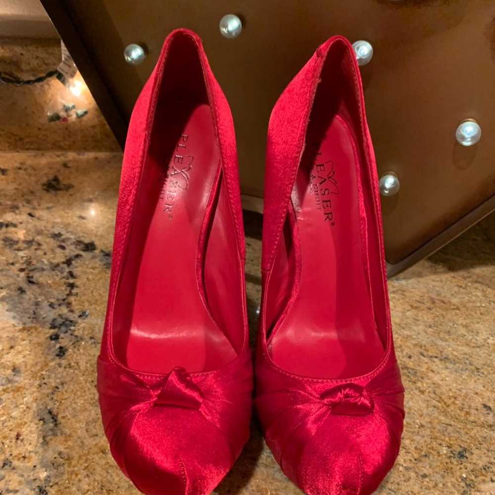 New Red Satin Pleaser Heels Size 6 - image 1