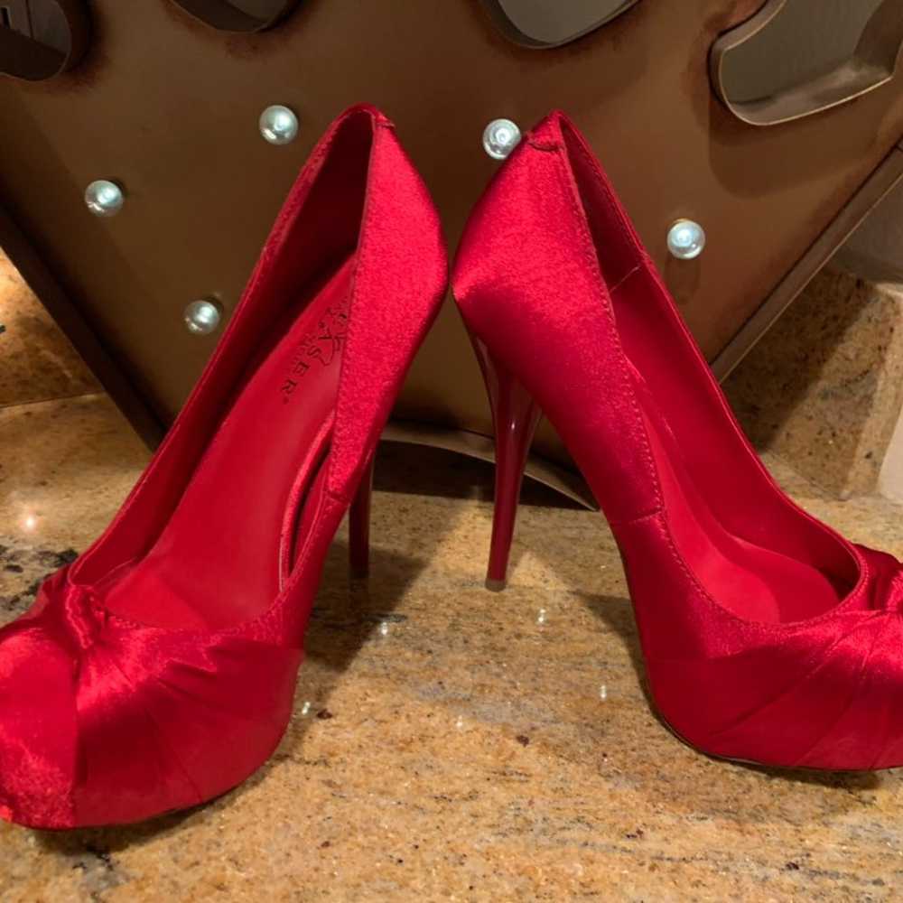 New Red Satin Pleaser Heels Size 6 - image 2