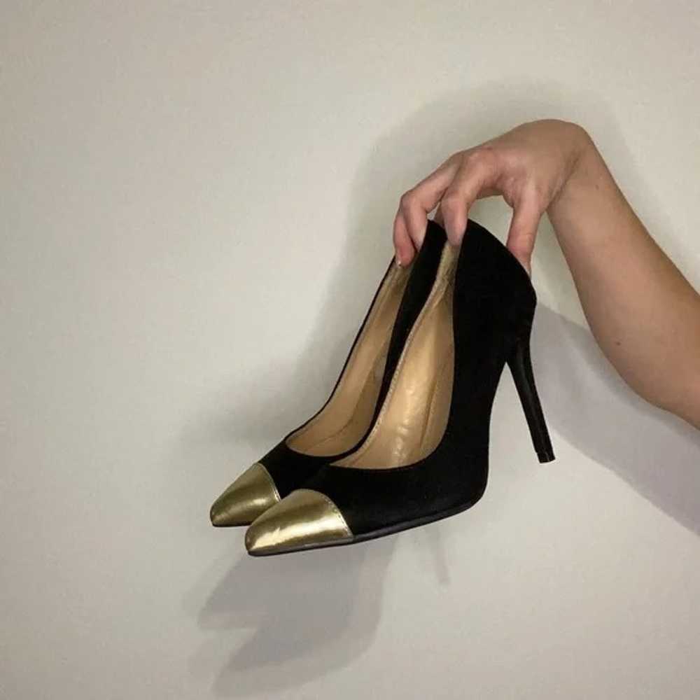 Black Suede Heels with Gold toe Tip - image 1