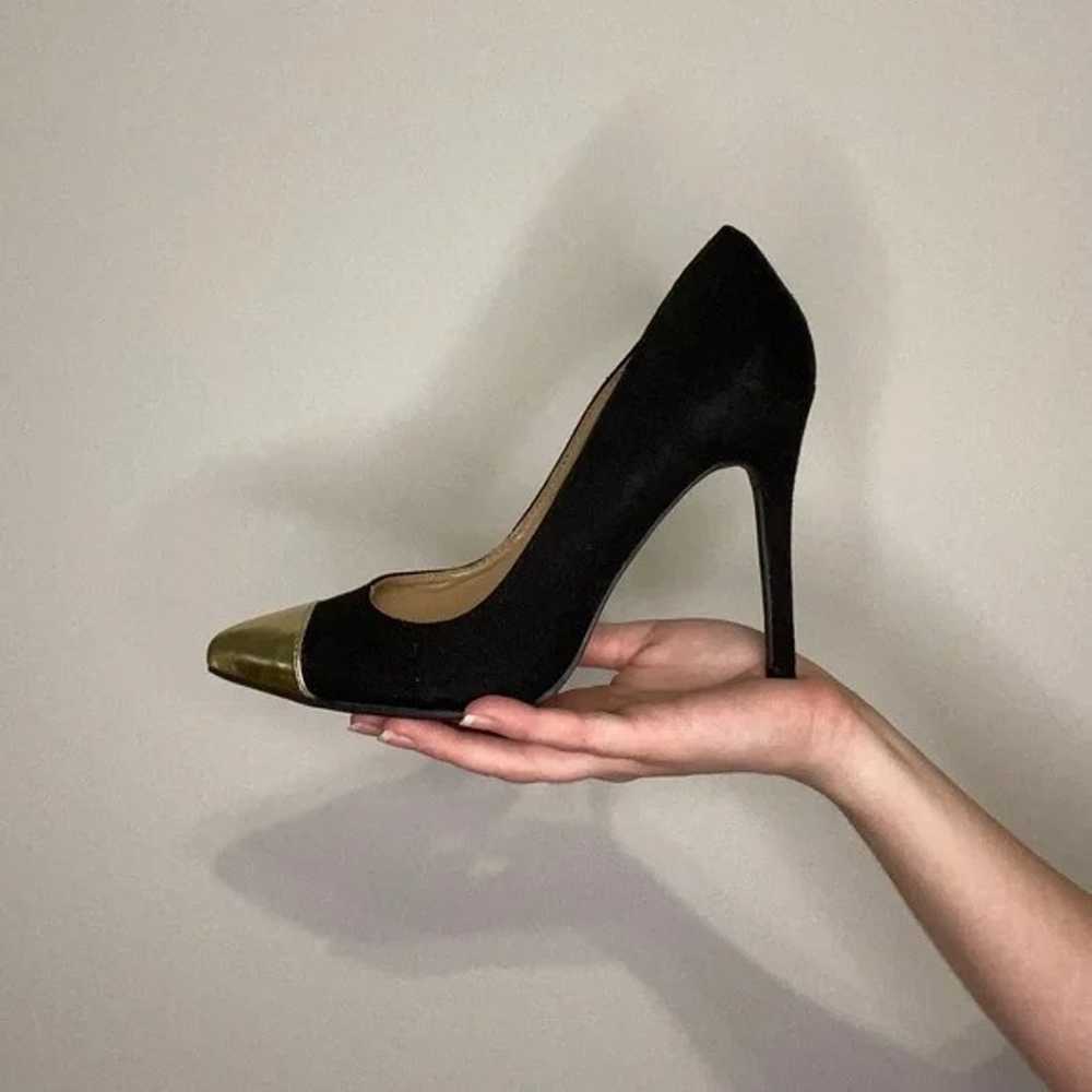 Black Suede Heels with Gold toe Tip - image 2