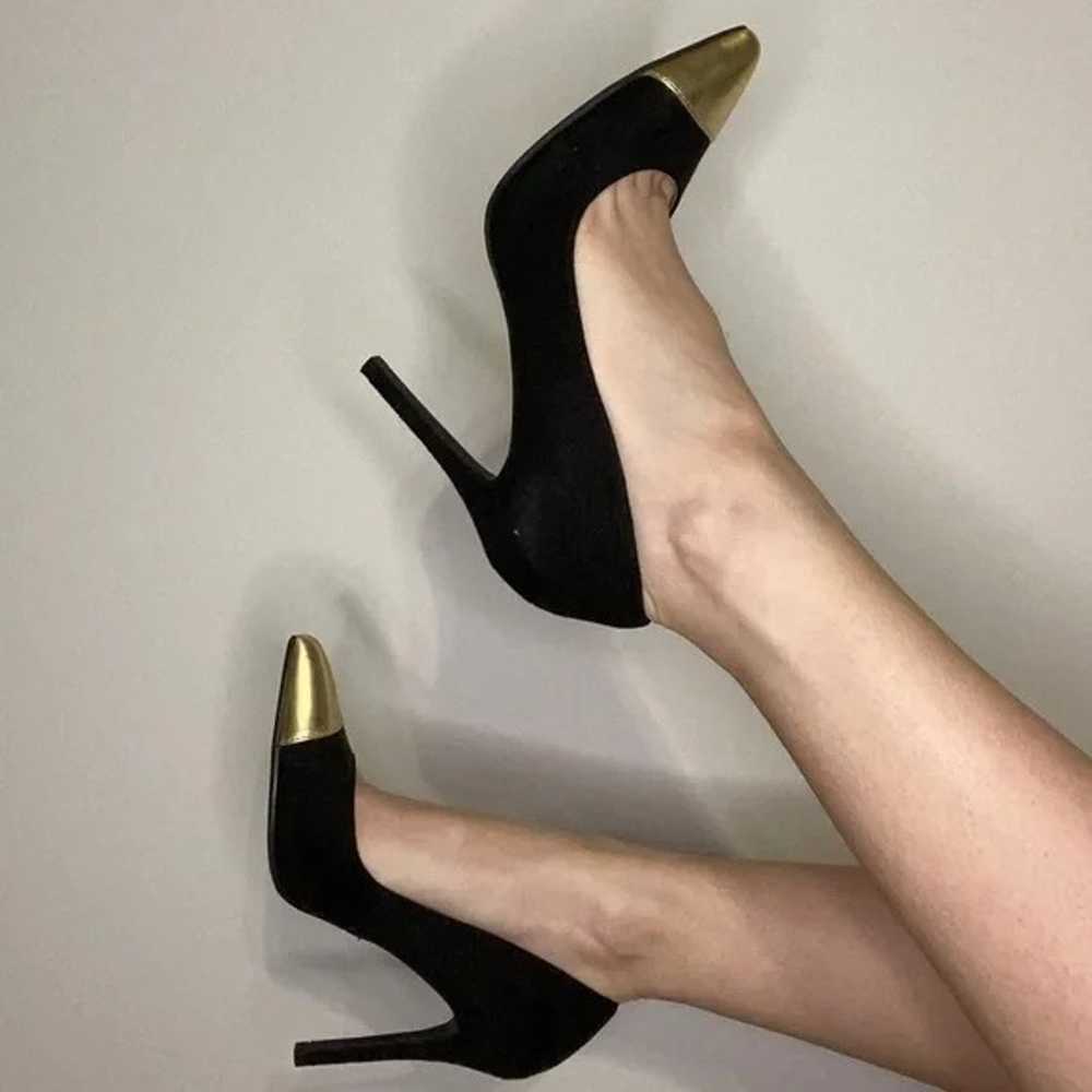 Black Suede Heels with Gold toe Tip - image 3