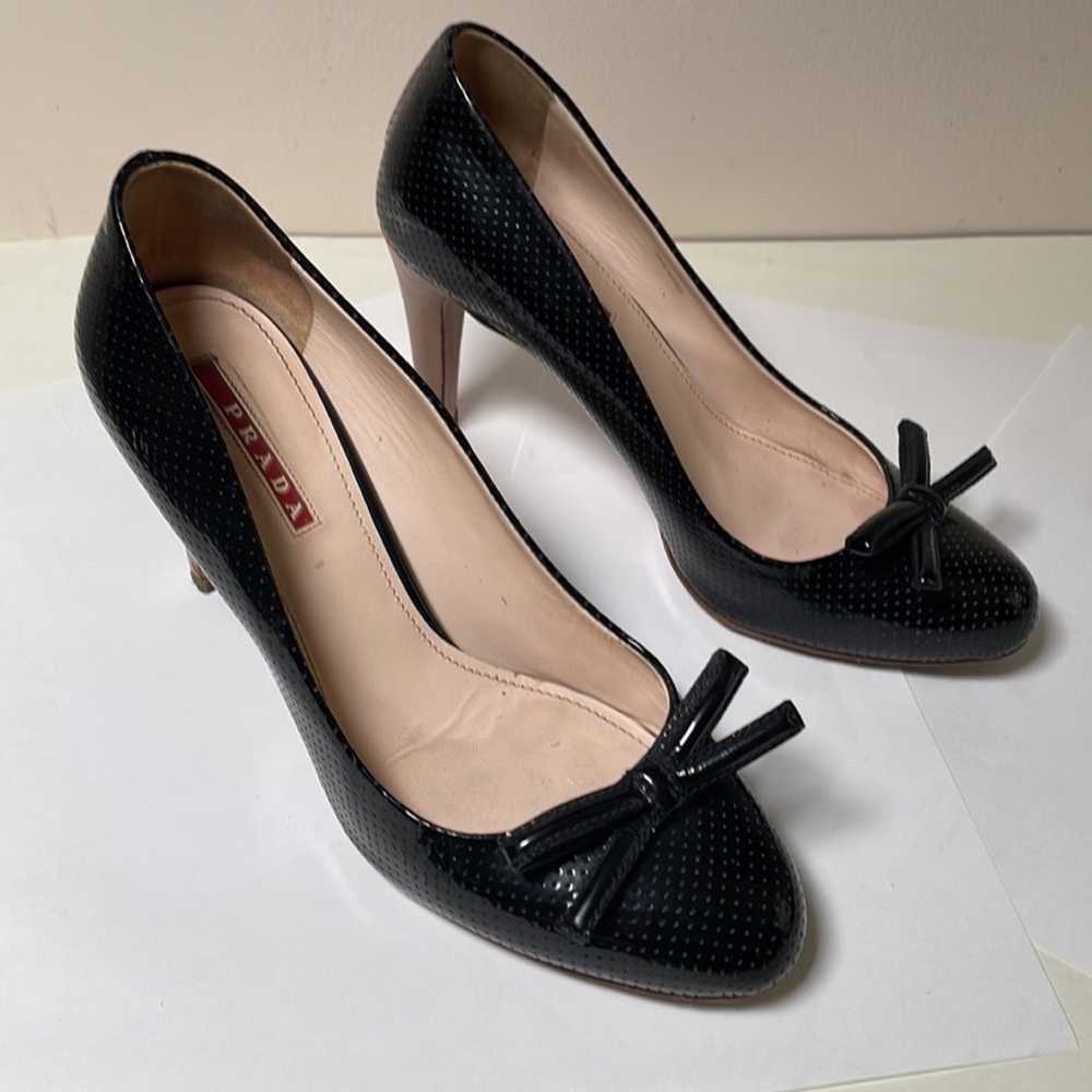 Prada Black Perforated Leather Bow Wooden Heel Pu… - image 1