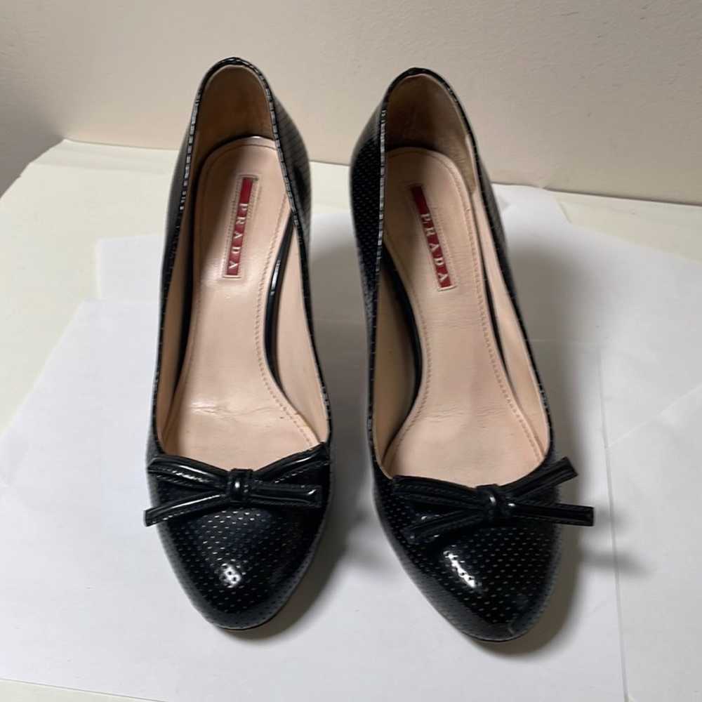 Prada Black Perforated Leather Bow Wooden Heel Pu… - image 4
