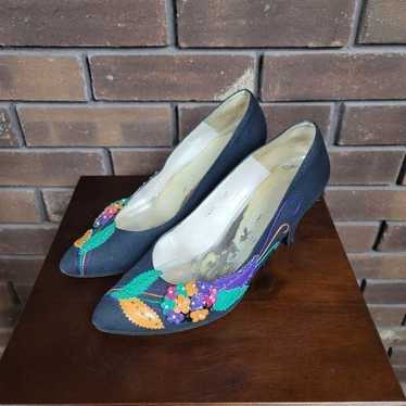 Vintage canvas wrapped pumps high heels almond to… - image 1