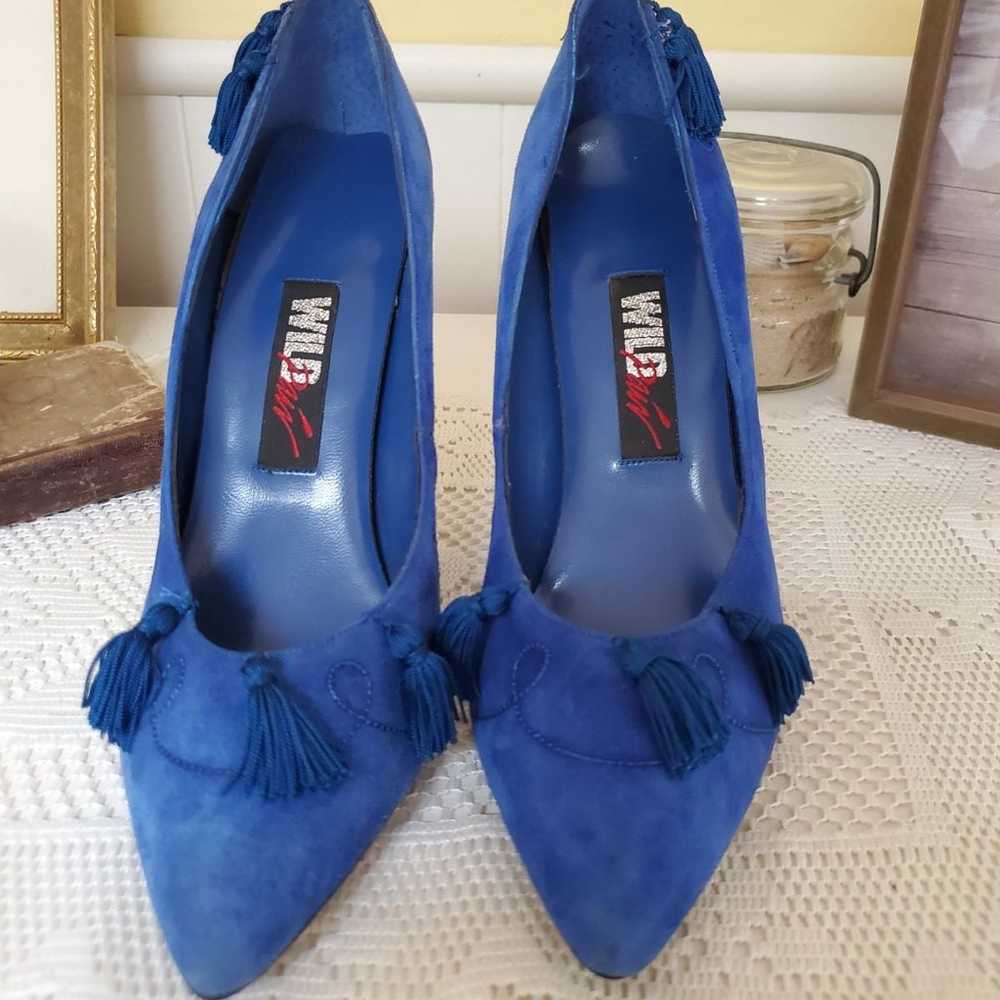 Vintage wild pair blue suede heels with tassels - image 4