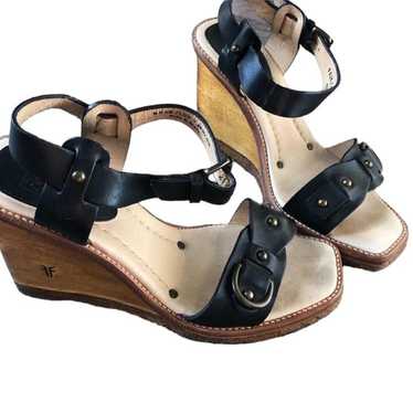 FRYE Leather Wood Wedge SquareToe Sandal