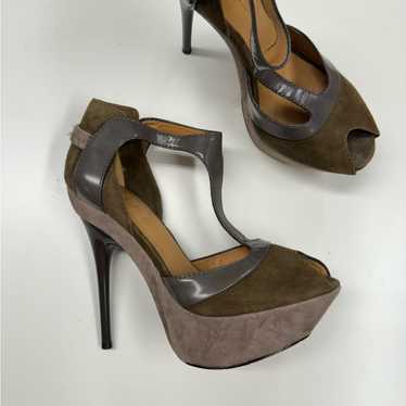 L.A.M.B. Olive Green & Grey Leather Contrast Stil… - image 1