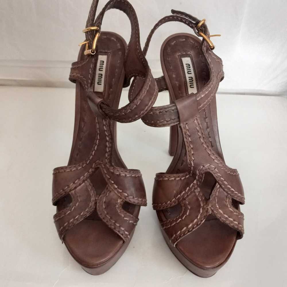Miu miu stitches high heels leather peep toe shoe… - image 1