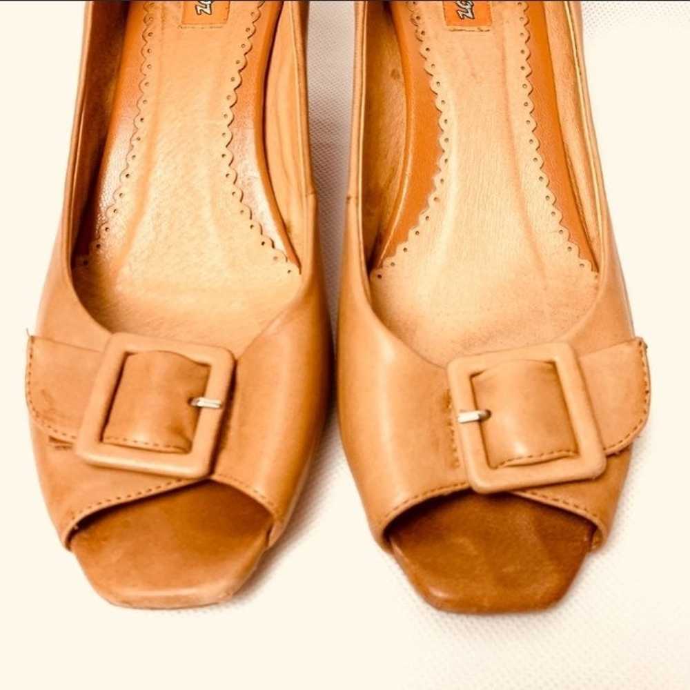 Miz Mooz tan Leather Peep Toe buckle toe Wedge sh… - image 4