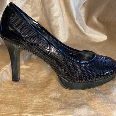 Tahari Black Sequined Platform Pumps