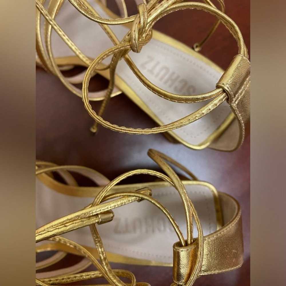 SCHUTZ Gold Strappy Ankle Tie Block Heel Sandals … - image 11