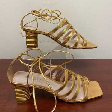SCHUTZ Gold Strappy Ankle Tie Block Heel Sandals … - image 1