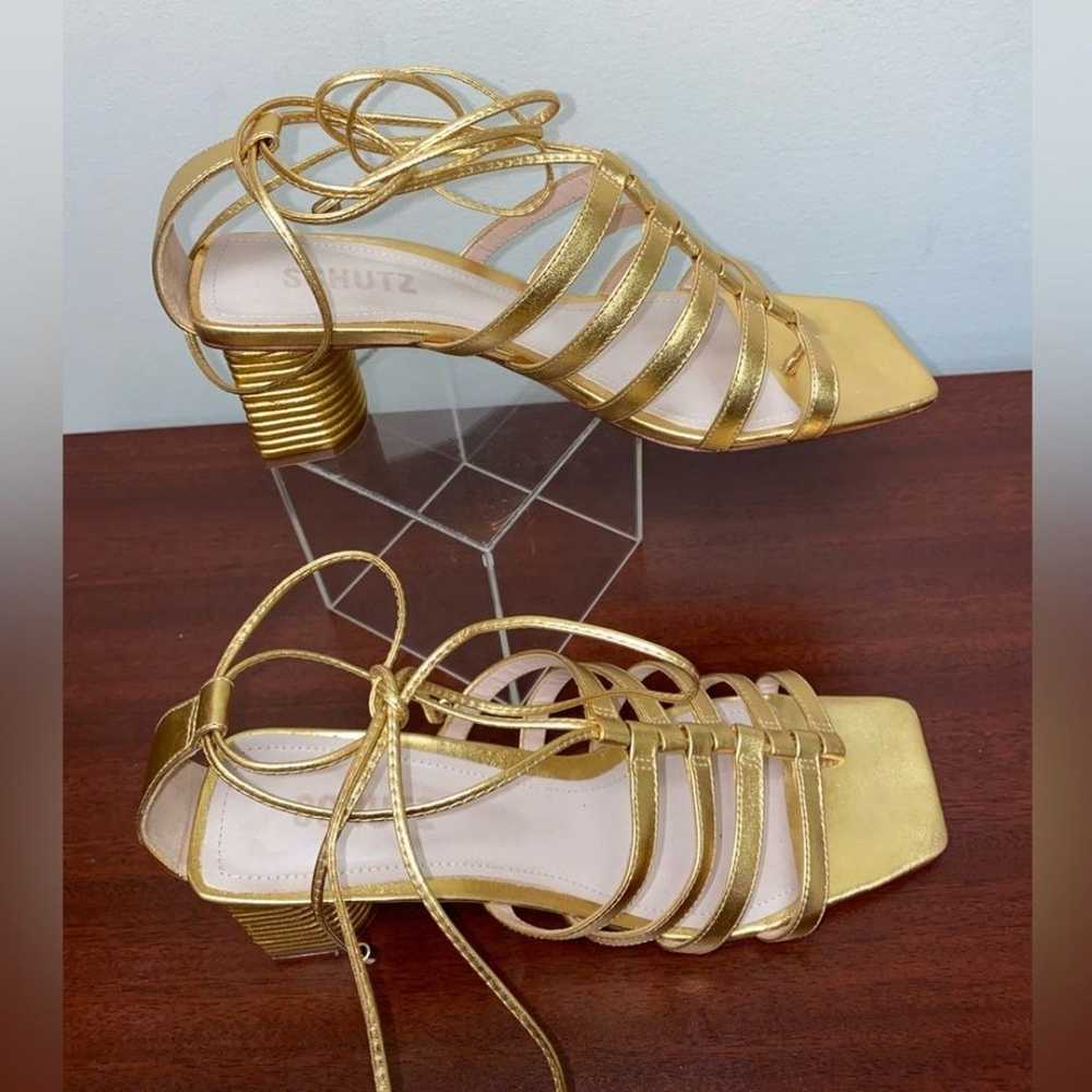 SCHUTZ Gold Strappy Ankle Tie Block Heel Sandals … - image 3