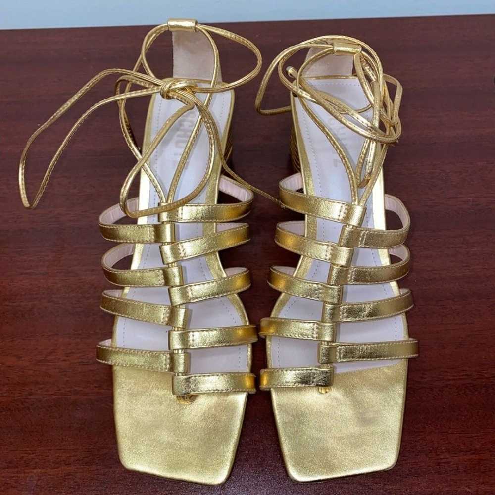 SCHUTZ Gold Strappy Ankle Tie Block Heel Sandals … - image 4