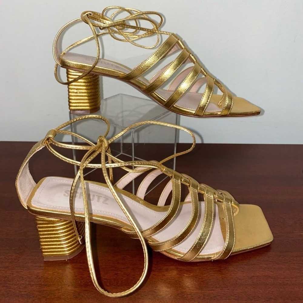 SCHUTZ Gold Strappy Ankle Tie Block Heel Sandals … - image 5