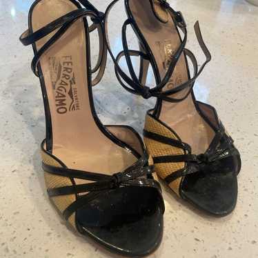 Ferragamo gorgeous black patent and woven heels