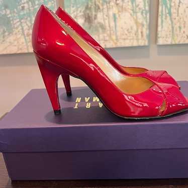 Stuart Weitzman Ruby Red Peep Toe Heels - image 1