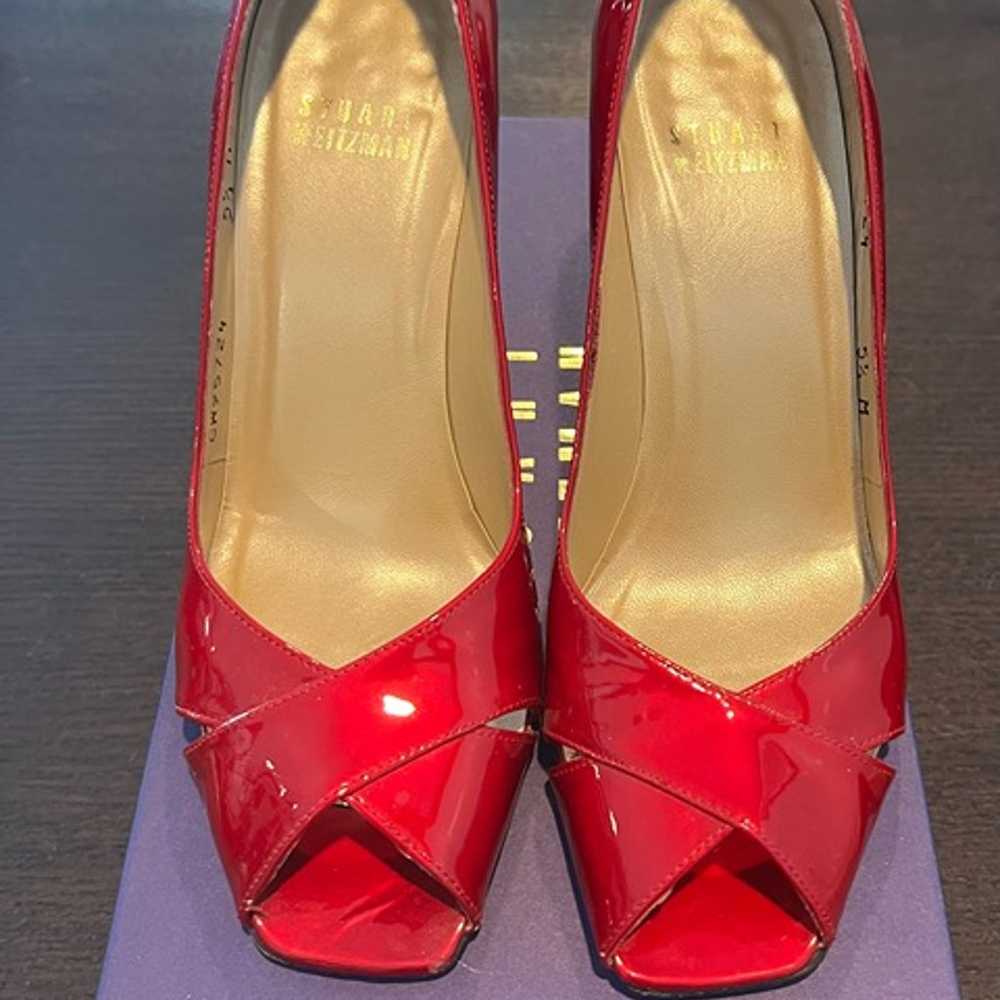 Stuart Weitzman Ruby Red Peep Toe Heels - image 2