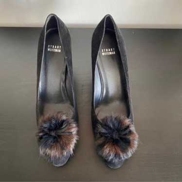 Stuart Weitzman black suede heels pump with fur p… - image 1