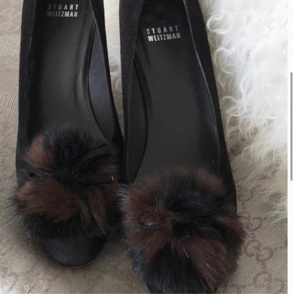 Stuart Weitzman black suede heels pump with fur p… - image 2