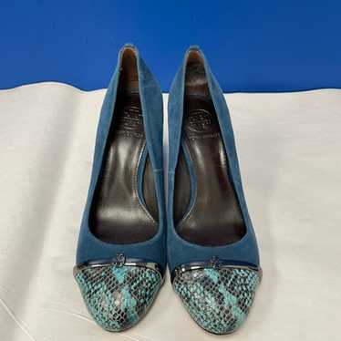 Tory Burch "Pacey Blue" Suede Snake Print Block P… - image 1