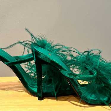 zara green feathered mini heel