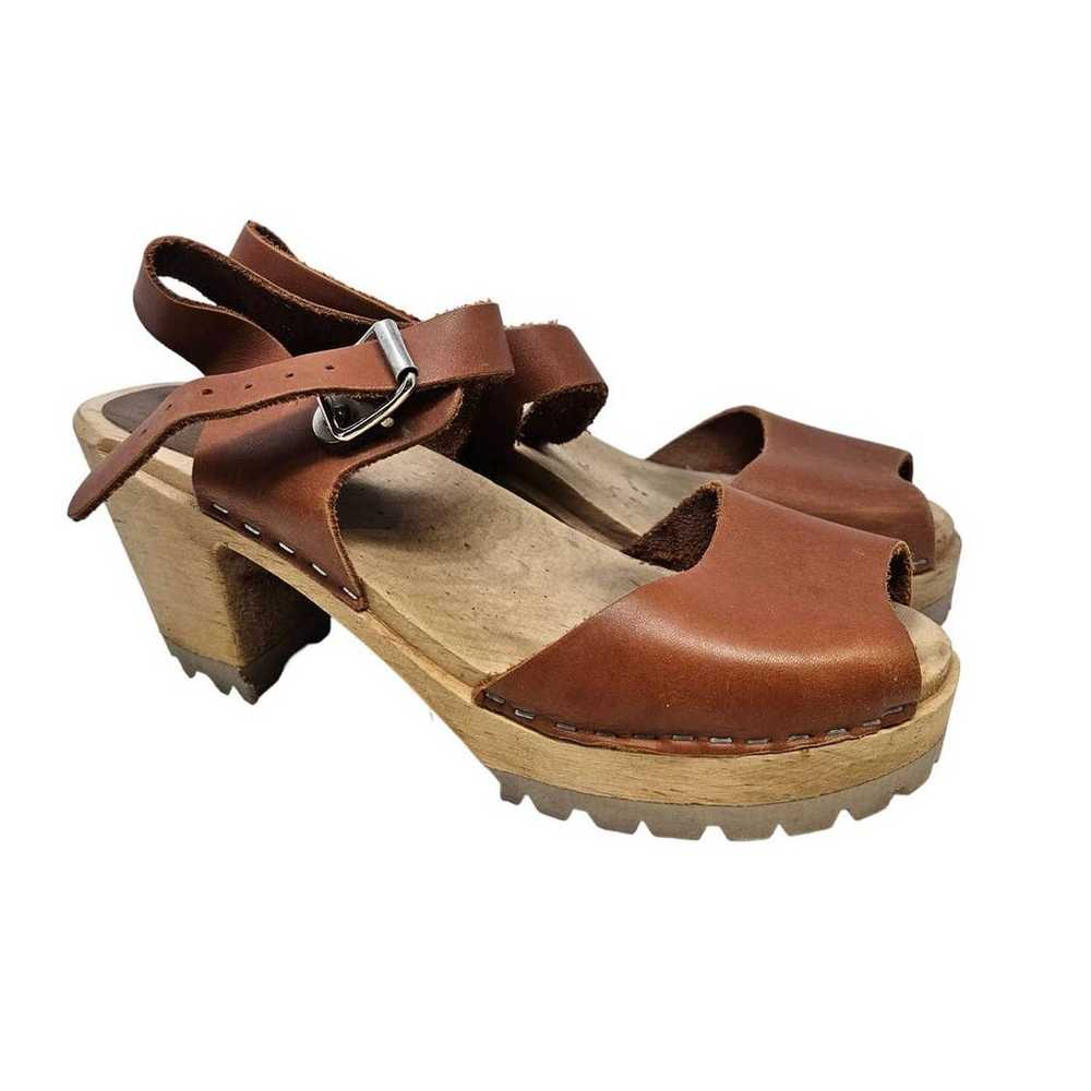 Swedish MIA 38 Brown Leather Wooden Clog Lug Sole… - image 2